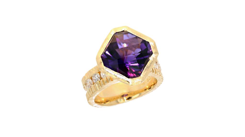 Underwoods Fine Jewelers in Fayetteville, Arkansas, designed by the Underwood Design Team. A hand forged 18-karat yellow gold ring with a bezel-set 8.17-carat square checkerboard amethyst in a compass orientation. There are six ideally-cut, channel-set diamonds on the shank of the ring totaling 0.54 carats ($4,950). Underwoods Fine Jewelers Ring